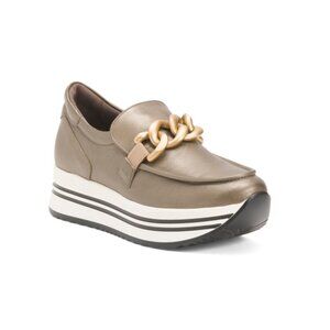 NEROGIARDINI Bronze Made In Italy Leather Chain Platform Slip On Shoes